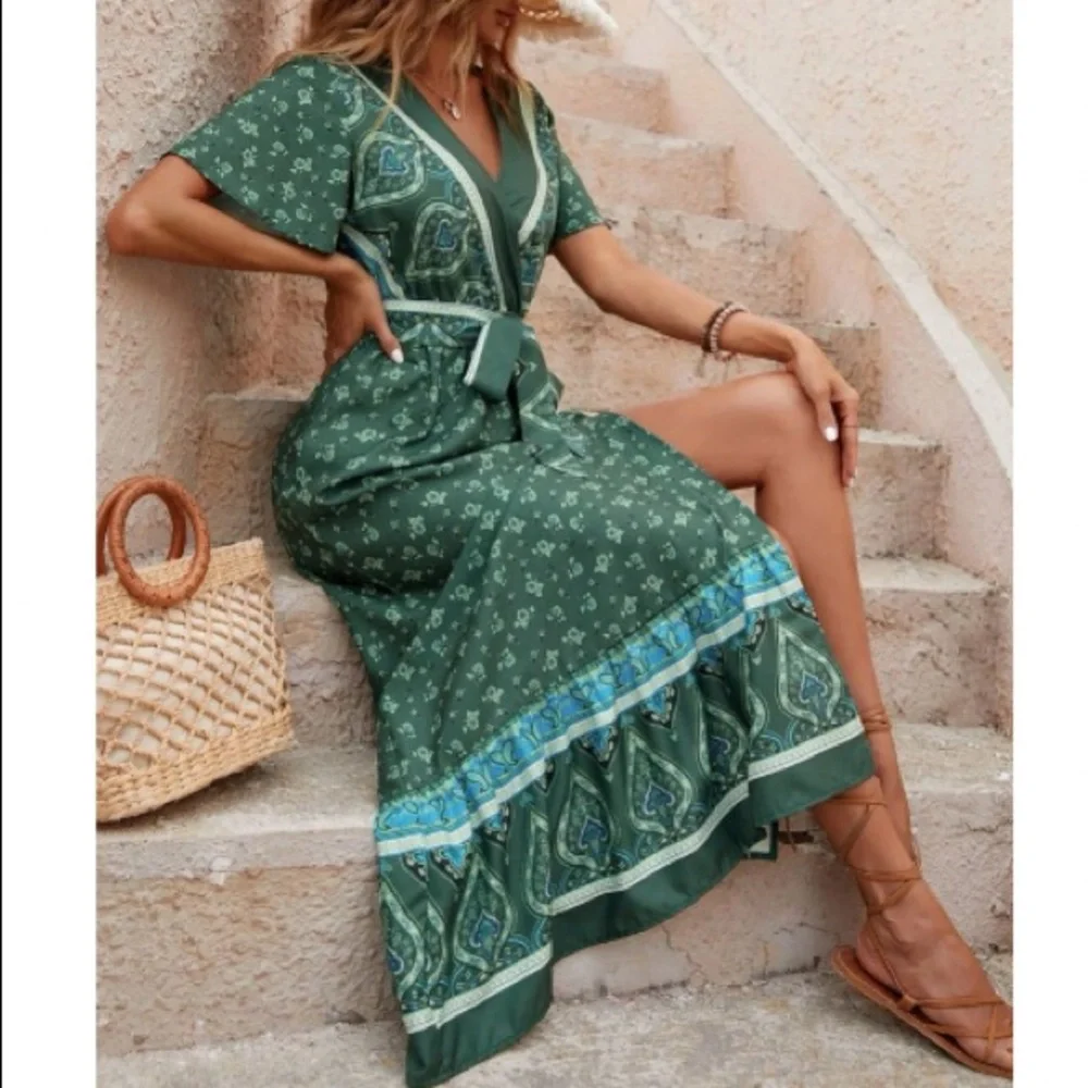 Boho paisley floral print butterfly sleeve slit thigh maxi dress